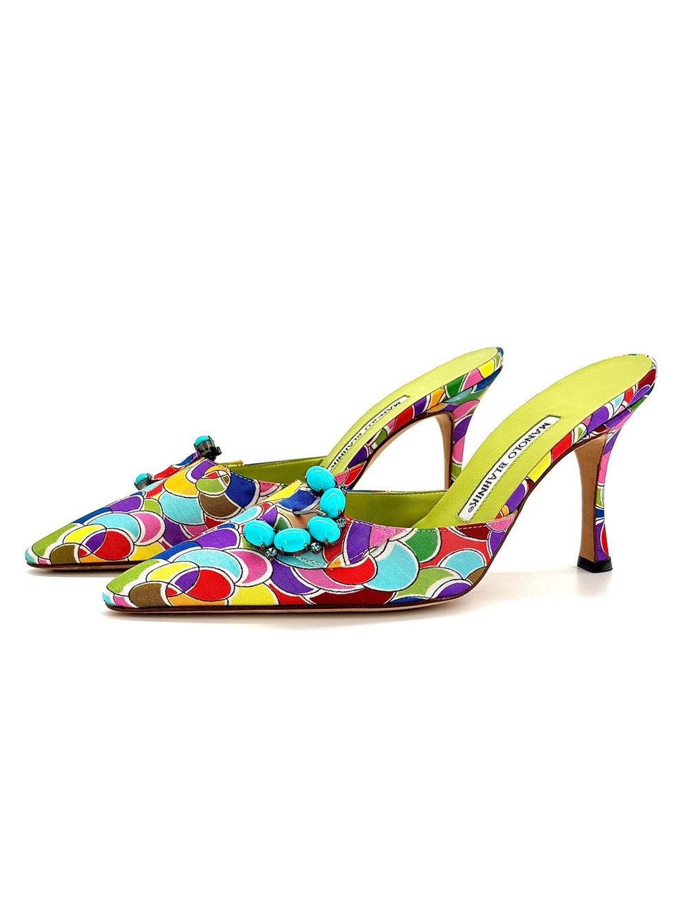 Vintage Manolo Blahnik Atomica Buckle Turquoise Beaded Pointed Toe Mules 36